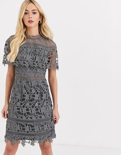 high neck lace pencil midi dress in charcoal-Gray