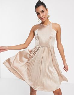 high neck pleated midi dress in rose gold