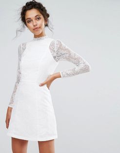 Lace A Line Mini Dress with Long Sleeves-White