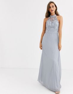 lace detail maxi dress with pleated skirt in gray