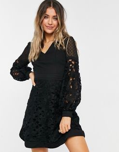 lace insert dress in black