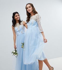 Bardot Neck Midi Dress with Premium Lace and Tulle Skirt-Blue