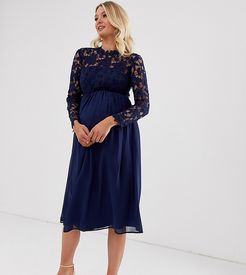 crochet lace midi dress with chiffon skirt in navy