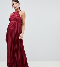 high neck satin maxi dress in oxblood-Red
