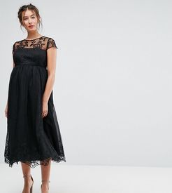 Premium Lace Midi Prom Dress with Lace Neck-Black