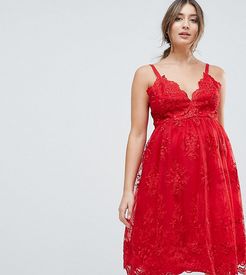 Premium Scalloped Lace Midi Dress-Red