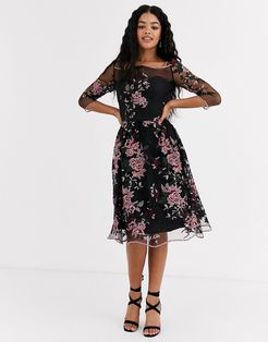 mesh embroidered midi dress in multi