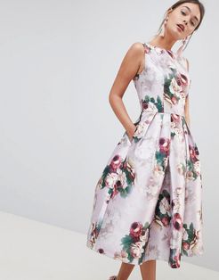 Midi Dress in Floral Print-Pink