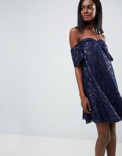 Off Shoulder Shift Dress In Lace-Navy