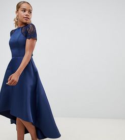 high low hem midi dress with lace sleeves-Navy
