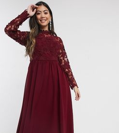 long sleeve embroidered midi dress in burgundy