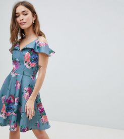 Printed Midi Dress with Cold Shoulder Detail-Multi