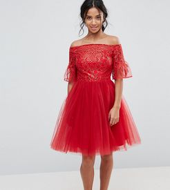 Tulle Midi Prom Dress With Lace Fluted Sleeves-Red