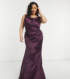 cowl neck satin midaxi dress in plum-Purple