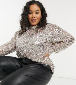 high neck sequin top in silver