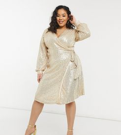 sequin wrap tie mini dress in light gold