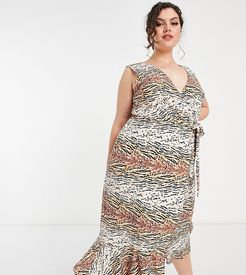 wrap midi dress in animal print-Multi