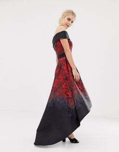 satin midi dress with extreme high low in dark rose print-Multi