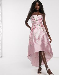 satin midi dress with extreme high low in ombre rose print-Pink