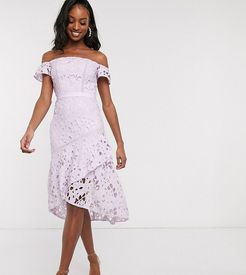 bardot lace midi dress with flippy hem in lilac-Purple