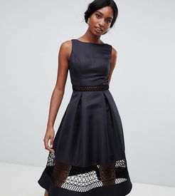 structured midi dress with lace inserts in black