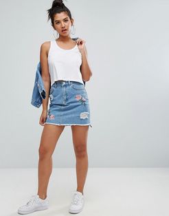 Floral Embroidery Distressed Denim Skirt-Blue