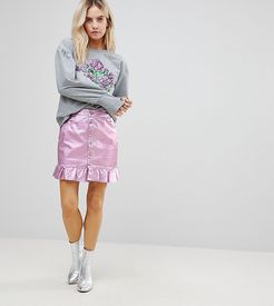 Pink Foiled Denim Skirt with Frill Hem