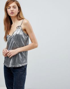 Plisse Metallic Cami with Eyelet Details-Silver