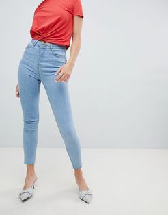 Raw Hem High Rise Skinny Jeans with Rose Embroidered Pocket-Blue