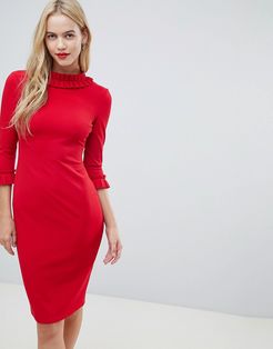 3/4 Sleeve Pencil Midi Dress With Pleated Detail-Red