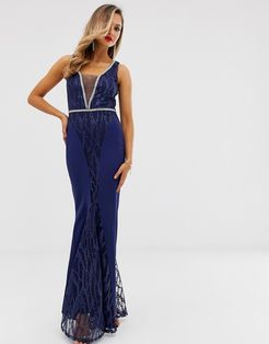 sequin and chiffon plunge maxi dress-Navy