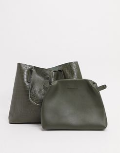 unlined tote bag in olive croc-Green
