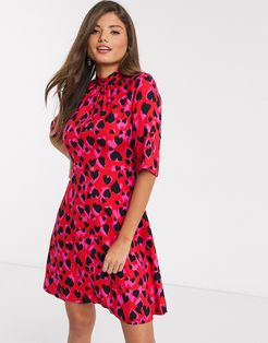 high neck mini dress in mixed heart print-Multi