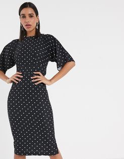 kimono sleeve midi dress in polka dot print-Multi