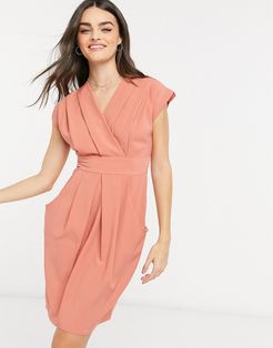 pleated wrap dress with pockets in taupe-Brown