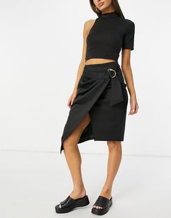 woven wrap midi skirt with D-ring fastening in black