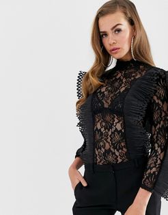 Club L lace frill detail bodysuit-Black