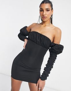 bardot puff mini dress in black