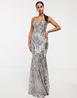 baroque bandeau sequin maxi dress-Silver