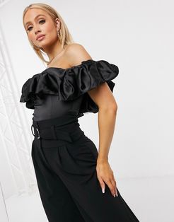 extreme ruffle satin bodysuit in black