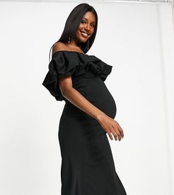 Club L London Maternity extreme ruffle detail maxi dress with thigh split in black