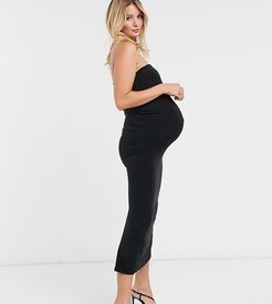 Club L London Maternity slinky bandeau maxi dress with thigh split two piece in black