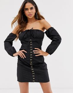 off shoulder mini dress with milkmaid neck and metal hook detail in black