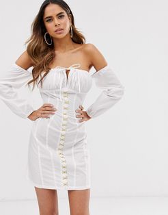 off shoulder mini dress with milkmaid neck and metal hook detail in ivory-White