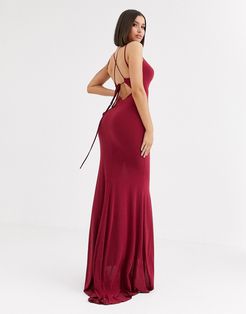 plunge front strappy back maxi dress in raspberry-Red