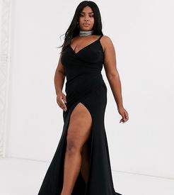 plunge front maxi dress with high thigh split in black