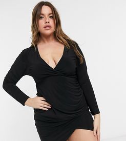 plunge front midi body-conscious dress with slit in black