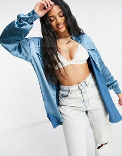 satin oversized shirt in slate blue-Blues