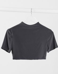 slinky short sleeve crop top in charcoal - part of a set-Grey