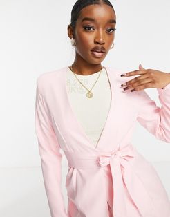 tailored belted wrap blazer in pink